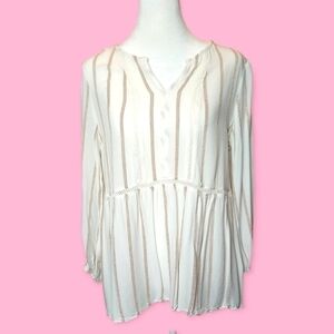 Boho Striped Peasant Blouse Lace Trim Flowy Cottagecore Tunic